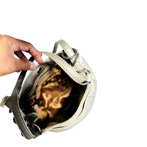 Tignanello Metallic Gold Silver Pebbled Leather shoulder Bag Brown Chain Fabric - Picture 10 of 14